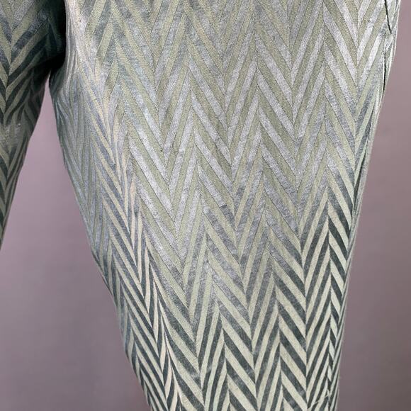 Size 32 Green Herringbone Jacquard Linen Silk Cropped Casual Pants - Picture 4 of 9